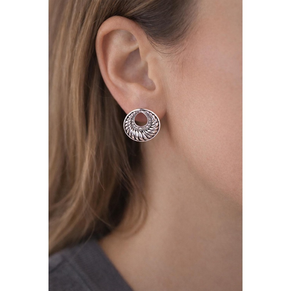 Vintage Silver-Tone Swirl Circle Stud Earrings with Rhinestone Accent